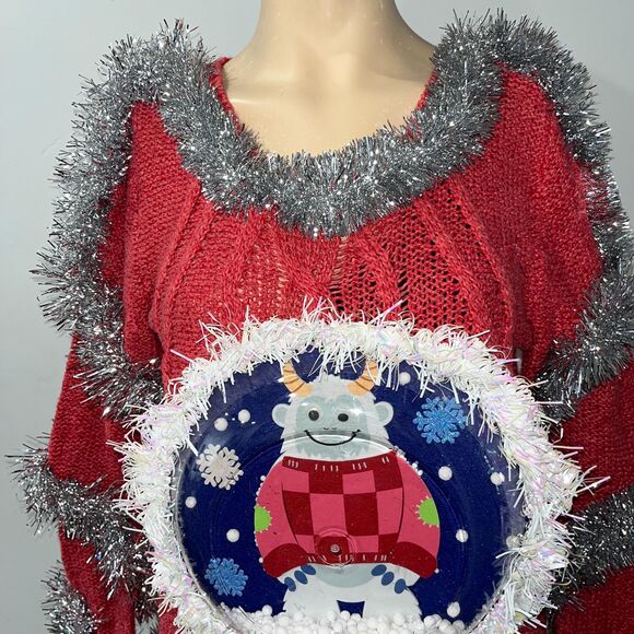Yeti Abominable snowman snow 3D Tacky ugly woman Christmas sweater SM lights up! - Picture 10 of 10
